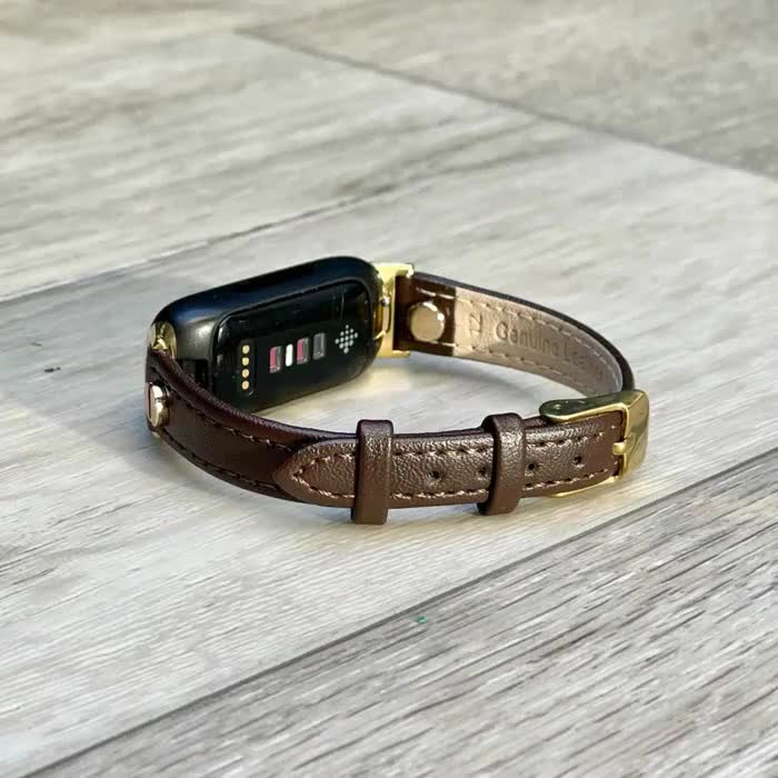 Fitbit Inspire 3用バンド：ダークブラウンレザーストラップ（ゴールド